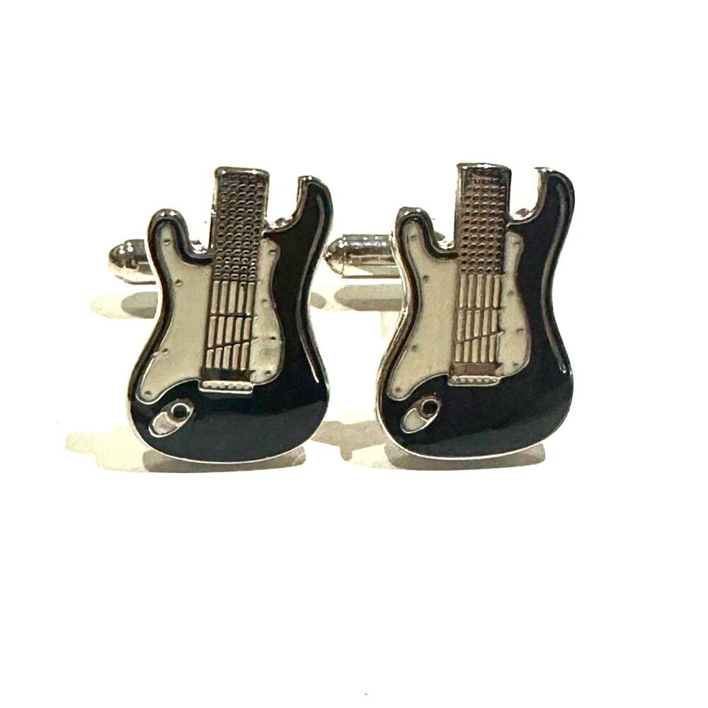 Fender Stratocaster Electric Guitar Cufflinks — Silver with White Inlay
